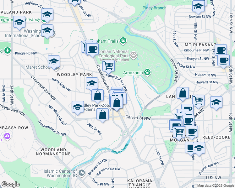 map of restaurants, bars, coffee shops, grocery stores, and more near 2716 Woodley Place Northwest in Washington