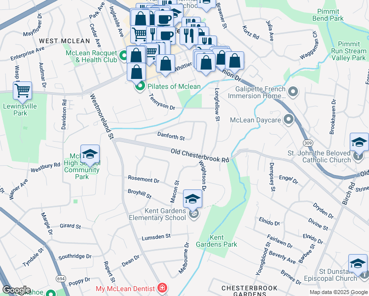 map of restaurants, bars, coffee shops, grocery stores, and more near 6708 Old Chesterbrook Road in McLean