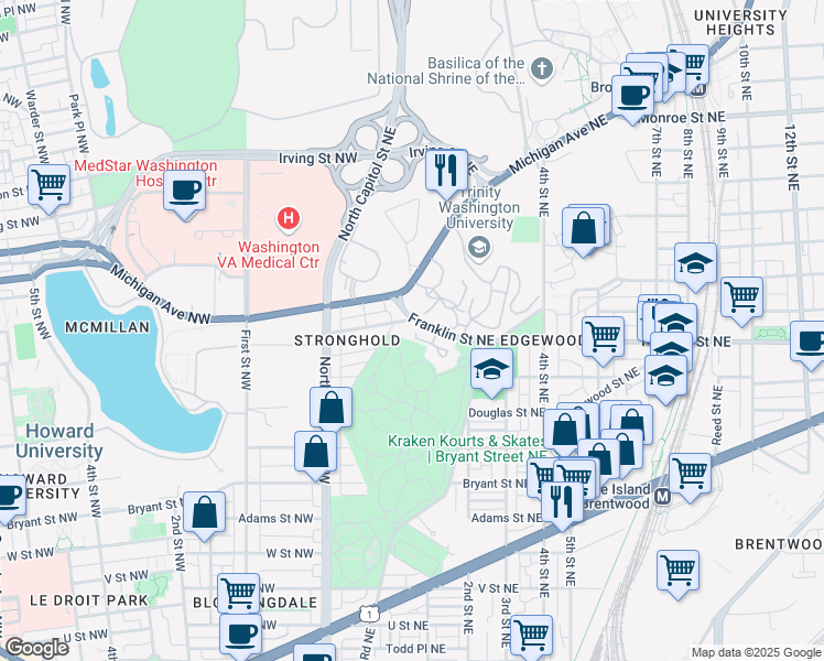 map of restaurants, bars, coffee shops, grocery stores, and more near 107 Franklin Street Northeast in Washington