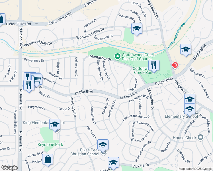 map of restaurants, bars, coffee shops, grocery stores, and more near 6445 Stonehedge Drive in Colorado Springs
