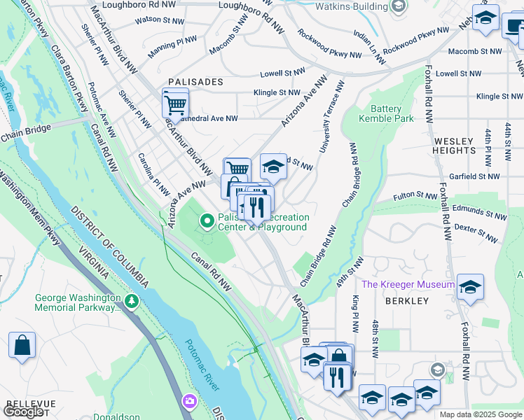 map of restaurants, bars, coffee shops, grocery stores, and more near 5122 Fulton Street Northwest in Washington