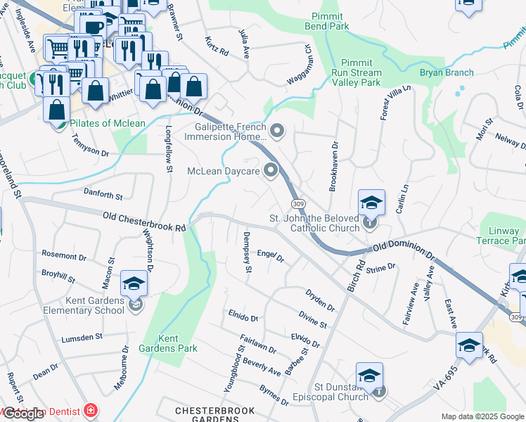 map of restaurants, bars, coffee shops, grocery stores, and more near 1614 7th Place in McLean