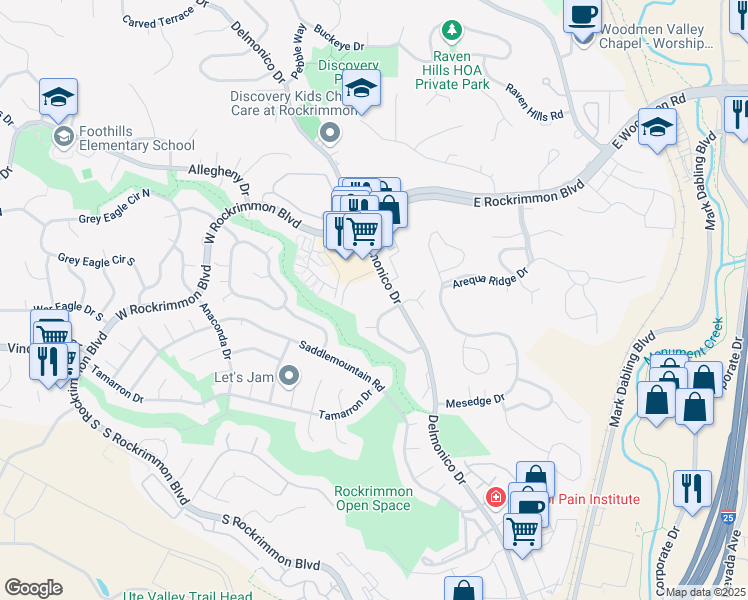 map of restaurants, bars, coffee shops, grocery stores, and more near 6520 Delmonico Drive in Colorado Springs
