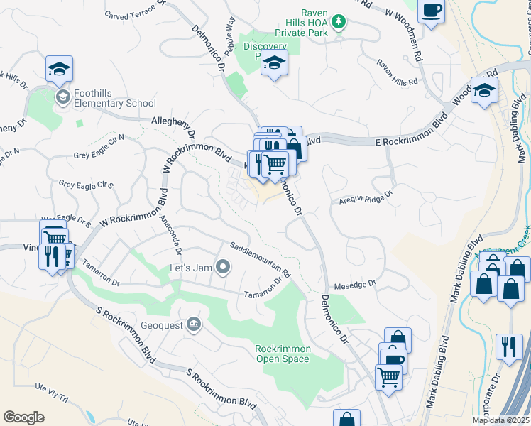 map of restaurants, bars, coffee shops, grocery stores, and more near 6580 Delmonico Drive in Colorado Springs