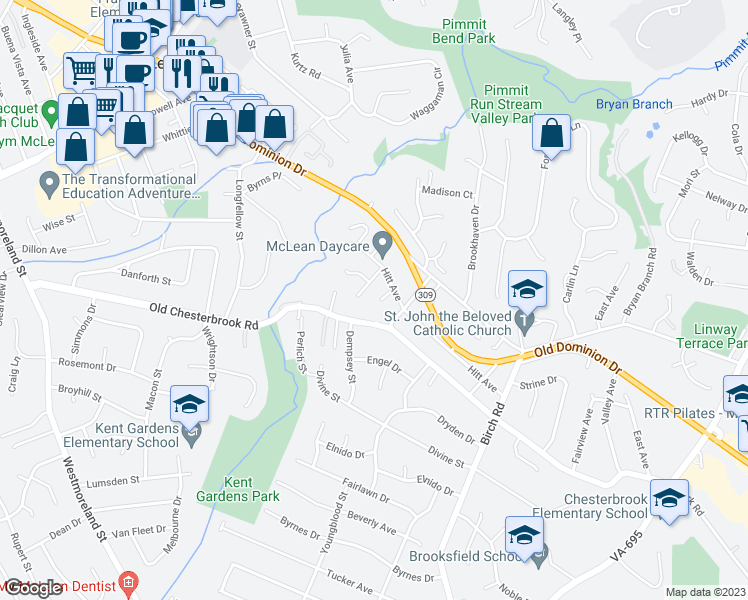 map of restaurants, bars, coffee shops, grocery stores, and more near 1614 7th Place in McLean