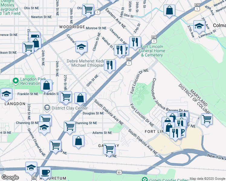 map of restaurants, bars, coffee shops, grocery stores, and more near 3164 Berry Road Northeast in Washington
