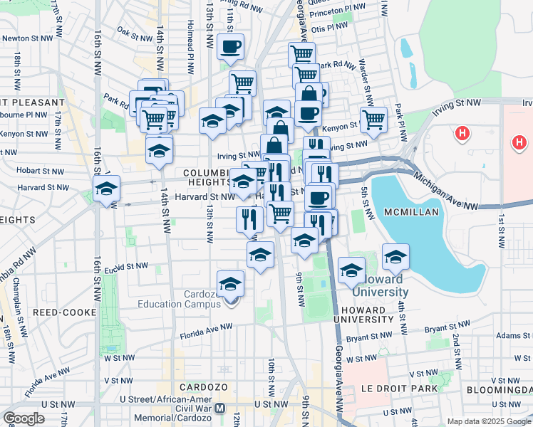 map of restaurants, bars, coffee shops, grocery stores, and more near 1005 Girard Street Northwest in Washington