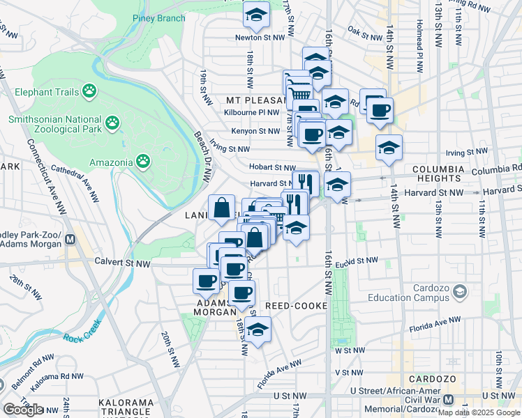 map of restaurants, bars, coffee shops, grocery stores, and more near 1725 Lanier Place Northwest in Washington