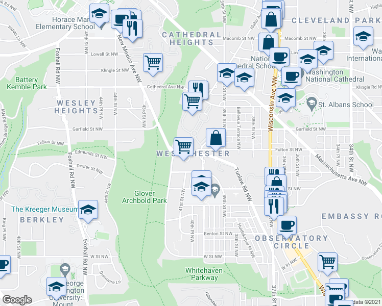 map of restaurants, bars, coffee shops, grocery stores, and more near Tunlaw Rd NW & Fulton St NW in Washington
