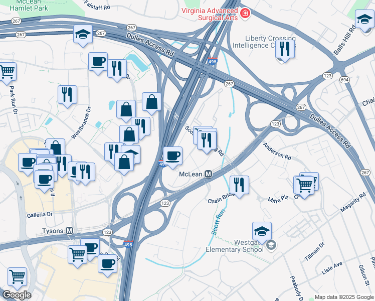 map of restaurants, bars, coffee shops, grocery stores, and more near 1680 Capital One Drive in McLean