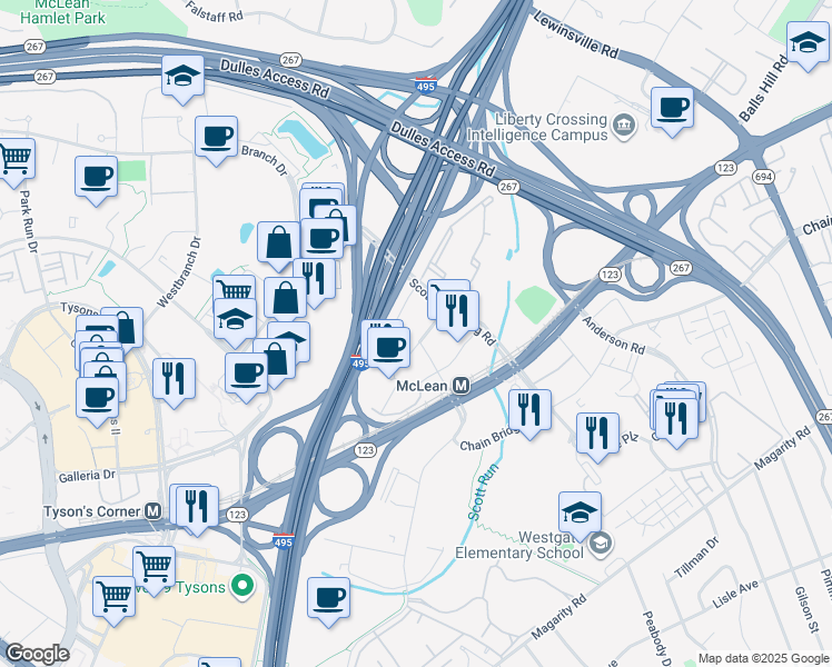 map of restaurants, bars, coffee shops, grocery stores, and more near 1680 Capital One Drive in McLean