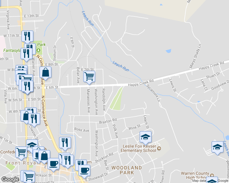 map of restaurants, bars, coffee shops, grocery stores, and more near 529 Frederick Avenue in Front Royal