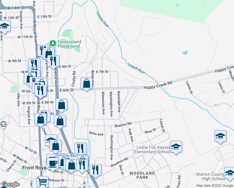 map of restaurants, bars, coffee shops, grocery stores, and more near 526 Randolph Avenue in Front Royal