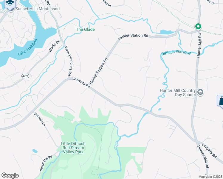 map of restaurants, bars, coffee shops, grocery stores, and more near 10722 Hunters Place in Vienna