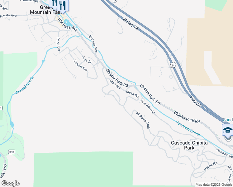 map of restaurants, bars, coffee shops, grocery stores, and more near 10075 Ute Trail in Cascade-Chipita Park
