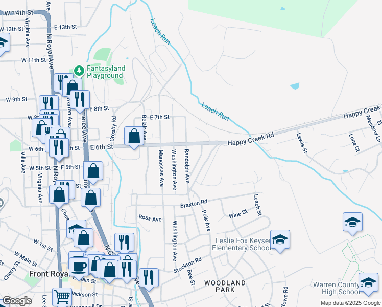 map of restaurants, bars, coffee shops, grocery stores, and more near 527 Randolph Avenue in Front Royal