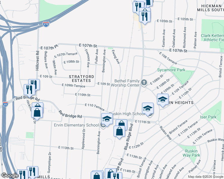 map of restaurants, bars, coffee shops, grocery stores, and more near 10901 Newton Avenue in Kansas City
