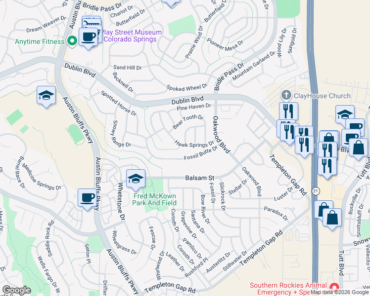 map of restaurants, bars, coffee shops, grocery stores, and more near 5108 Hawk Springs Drive in Colorado Springs