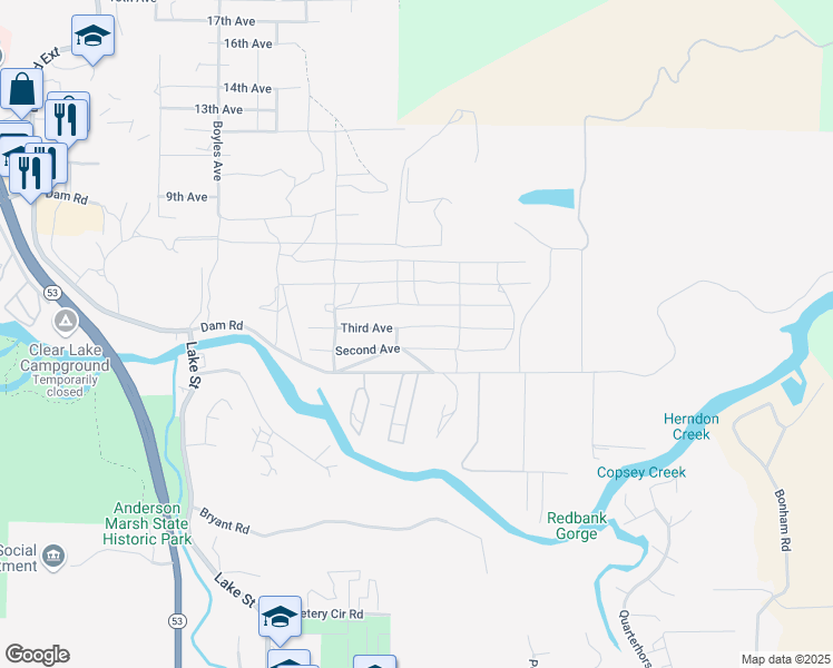 map of restaurants, bars, coffee shops, grocery stores, and more near 16533 Third Avenue in Clearlake