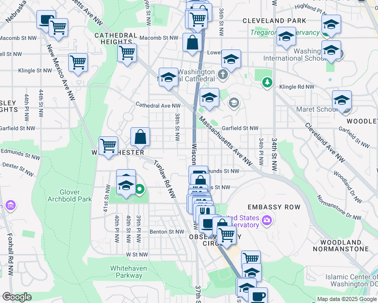 map of restaurants, bars, coffee shops, grocery stores, and more near 2730 Wisconsin Avenue Northwest in Washington