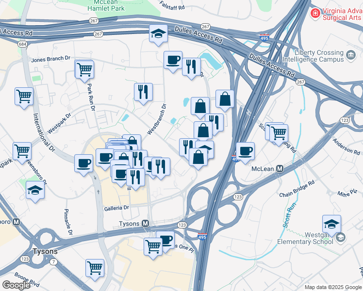 map of restaurants, bars, coffee shops, grocery stores, and more near 7901 Jones Branch Drive in McLean