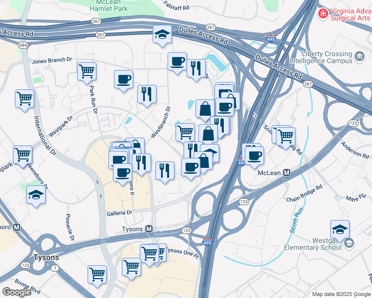 map of restaurants, bars, coffee shops, grocery stores, and more near 7901 Jones Branch Drive in McLean