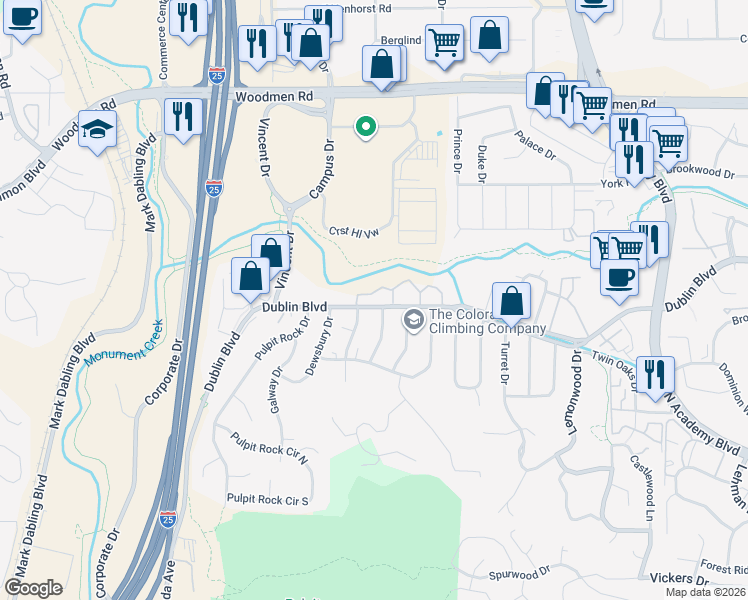 map of restaurants, bars, coffee shops, grocery stores, and more near 1103 Willow Bend Circle in Colorado Springs