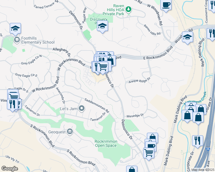 map of restaurants, bars, coffee shops, grocery stores, and more near 6580 Delmonico Drive in Colorado Springs