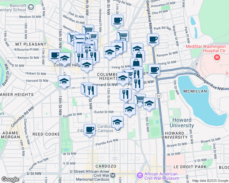 map of restaurants, bars, coffee shops, grocery stores, and more near 101 Independence Avenue Southeast in Washington