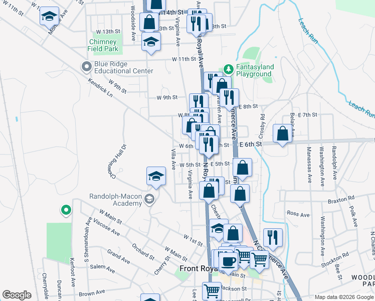 map of restaurants, bars, coffee shops, grocery stores, and more near 21 1/2 West 6th Street in Front Royal