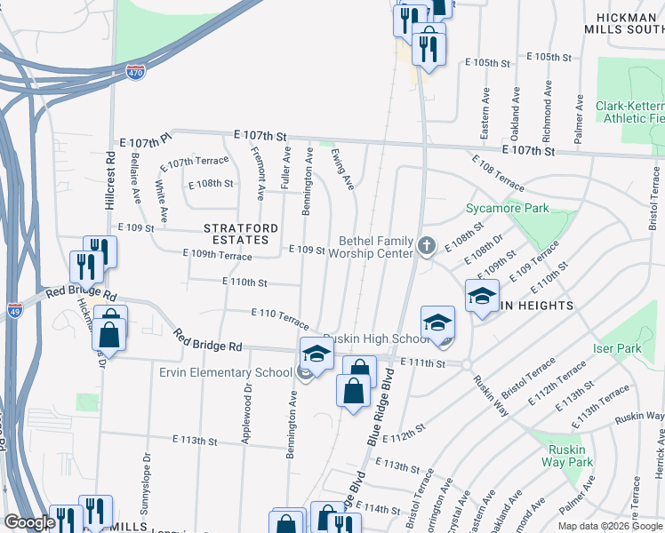 map of restaurants, bars, coffee shops, grocery stores, and more near 10901 Newton Avenue in Kansas City