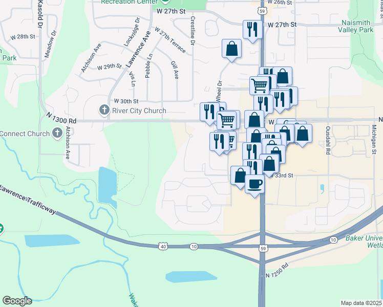 map of restaurants, bars, coffee shops, grocery stores, and more near 2511 West 31st Street in Lawrence