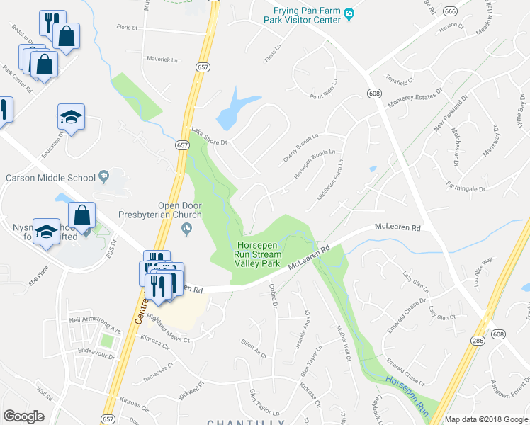 map of restaurants, bars, coffee shops, grocery stores, and more near 2932 Blue Holly Lane in Herndon