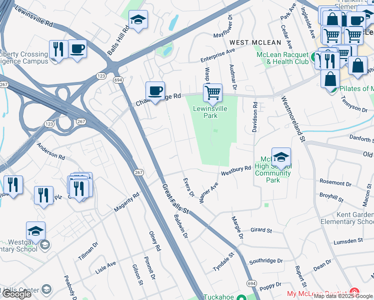 map of restaurants, bars, coffee shops, grocery stores, and more near 1604 Mary Ellen Court in McLean