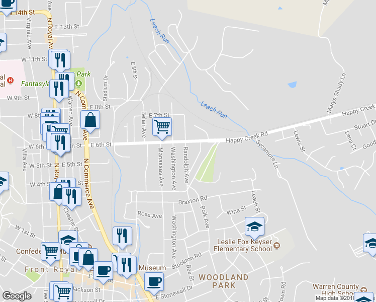 map of restaurants, bars, coffee shops, grocery stores, and more near 527 Randolph Avenue in Front Royal