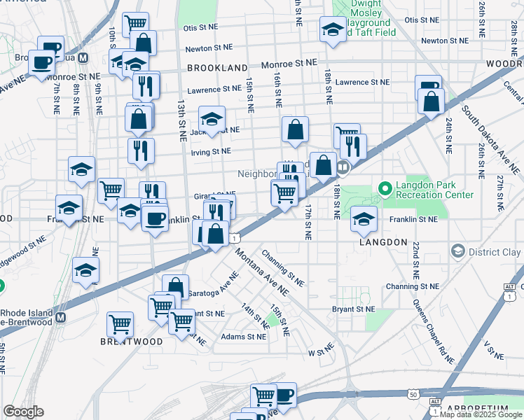 map of restaurants, bars, coffee shops, grocery stores, and more near 1500 Franklin Street Northeast in Washington