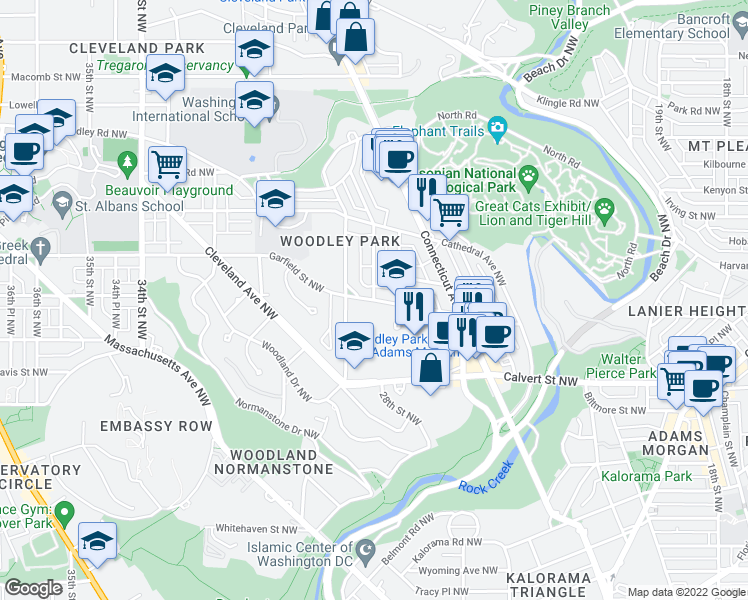 map of restaurants, bars, coffee shops, grocery stores, and more near Woodley Road Northwest & 28th Street Northwest in Washington