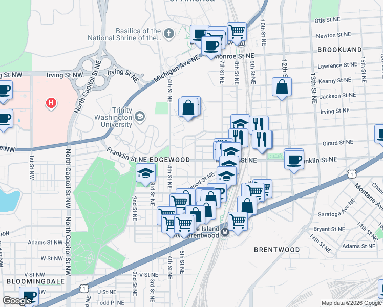 map of restaurants, bars, coffee shops, grocery stores, and more near 101 Independence Avenue Southeast in Washington