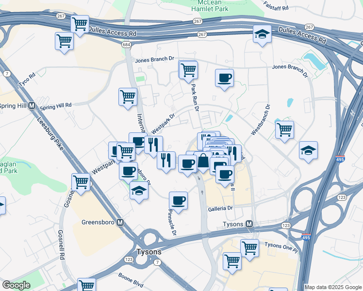 map of restaurants, bars, coffee shops, grocery stores, and more near 1645 International Drive in Tysons