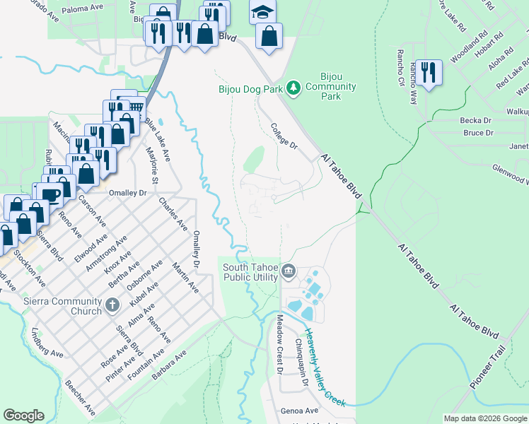 map of restaurants, bars, coffee shops, grocery stores, and more near in South Lake Tahoe