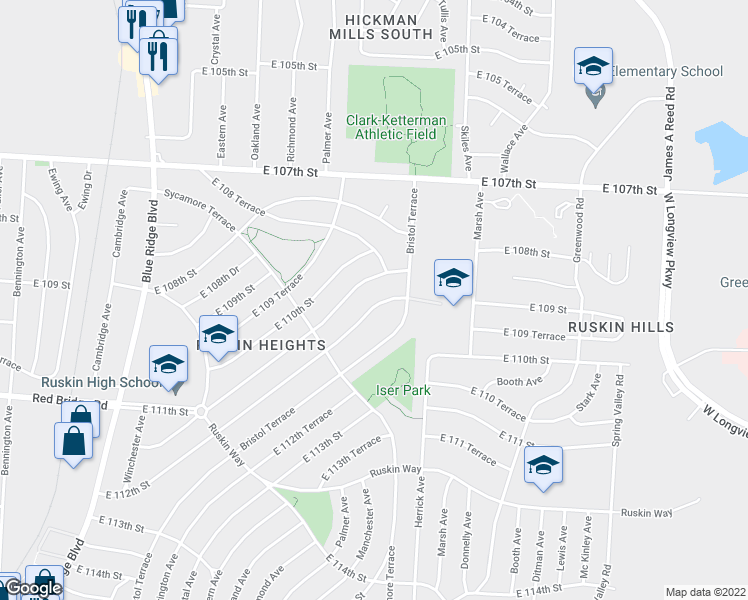 map of restaurants, bars, coffee shops, grocery stores, and more near 7814 East 112th Street in Kansas City