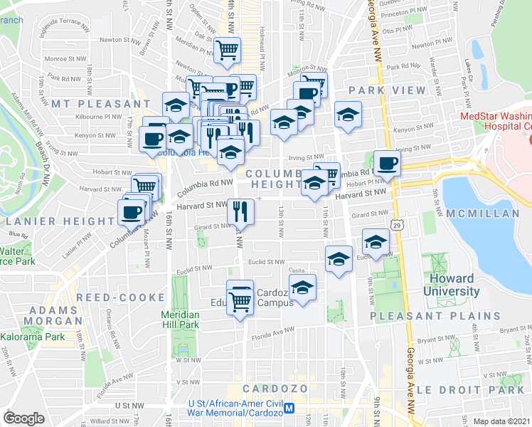 map of restaurants, bars, coffee shops, grocery stores, and more near 1323 Girard Street Northwest in Washington