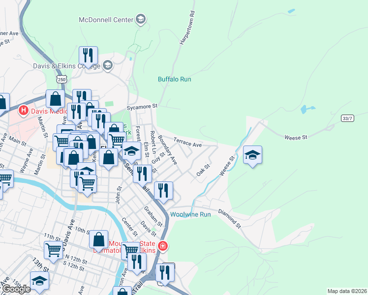 map of restaurants, bars, coffee shops, grocery stores, and more near Terrace Ave in Elkins