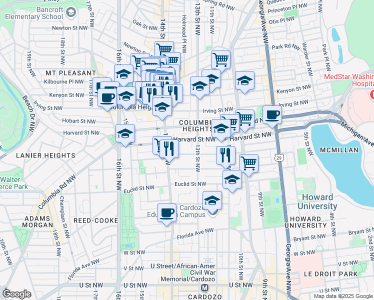map of restaurants, bars, coffee shops, grocery stores, and more near 1323 Girard Street Northwest in Washington