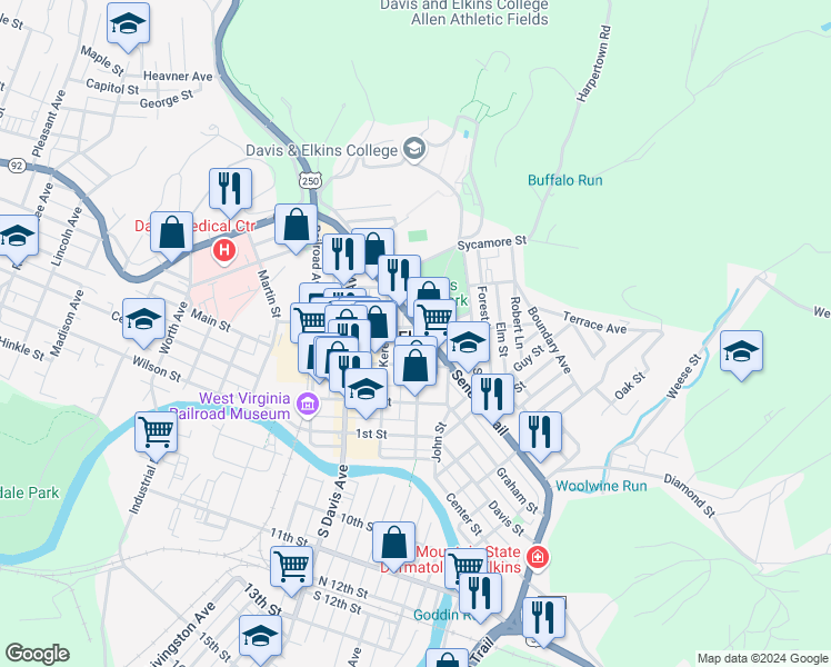 map of restaurants, bars, coffee shops, grocery stores, and more near 228 4th Street in Elkins