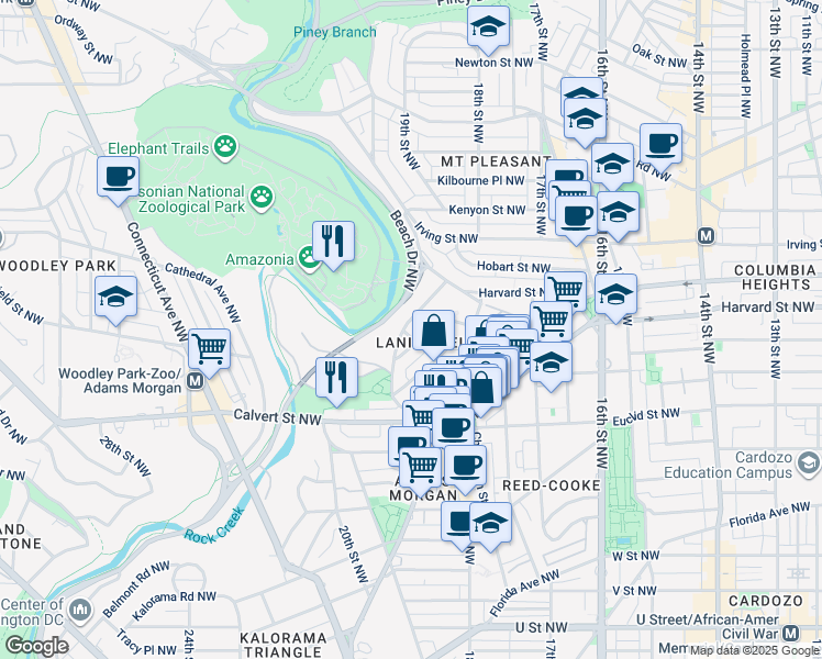 map of restaurants, bars, coffee shops, grocery stores, and more near 3025 Ontario Road Northwest in Washington