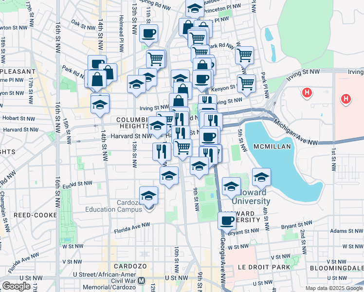 map of restaurants, bars, coffee shops, grocery stores, and more near 2803 Sherman Avenue Northwest in Washington