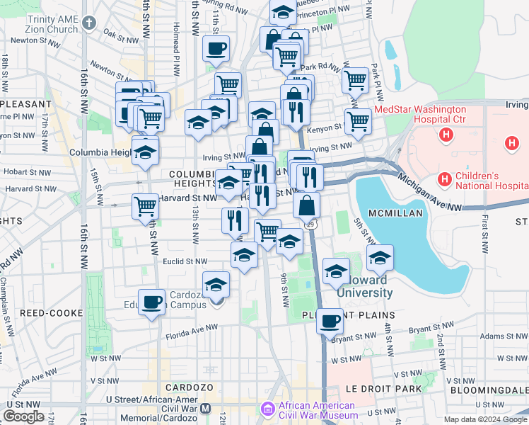 map of restaurants, bars, coffee shops, grocery stores, and more near 2803 Sherman Avenue Northwest in Washington