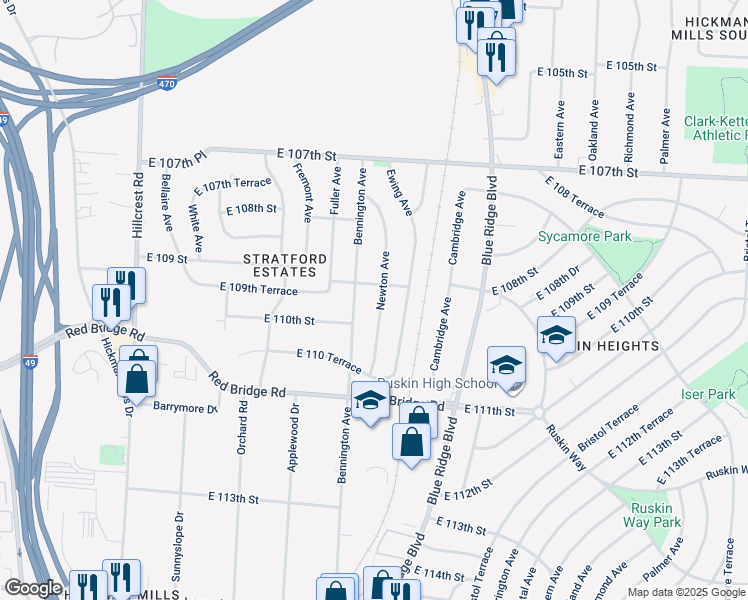 map of restaurants, bars, coffee shops, grocery stores, and more near 10901 Bennington Avenue in Kansas City