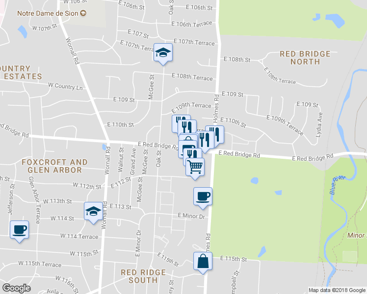 map of restaurants, bars, coffee shops, grocery stores, and more near Locust Street in Kansas City